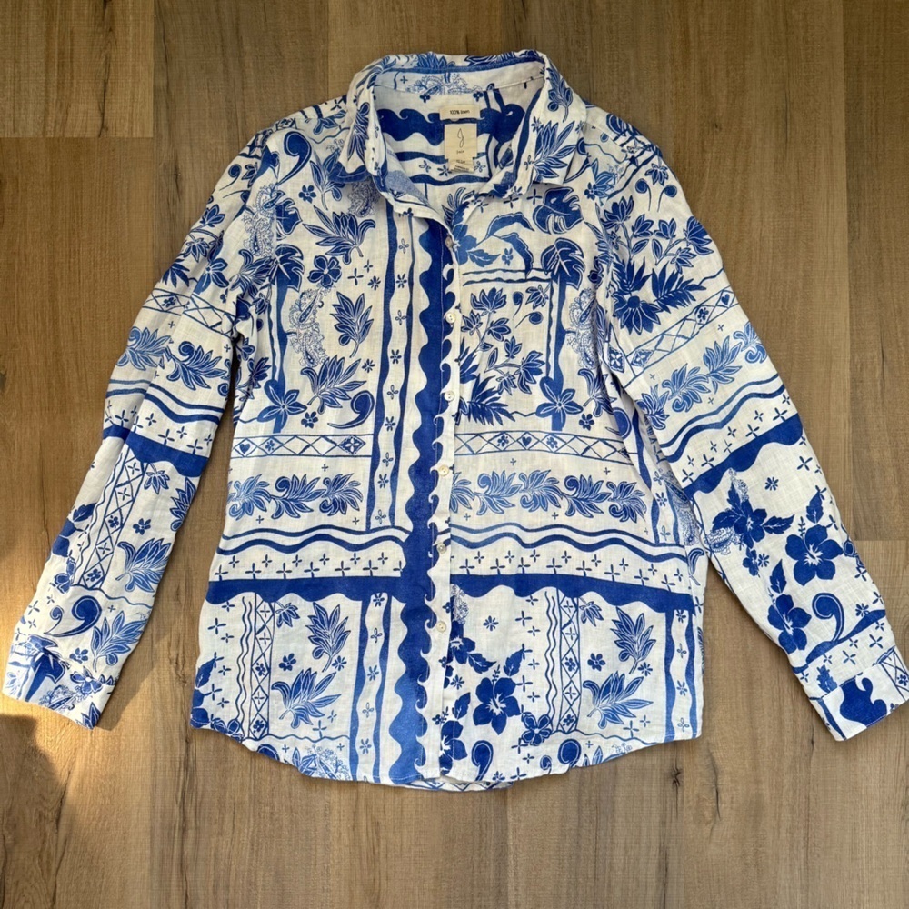 Anthropologie Joie Blue Tropical Button Down Lightweight Linen Women’s Shirt